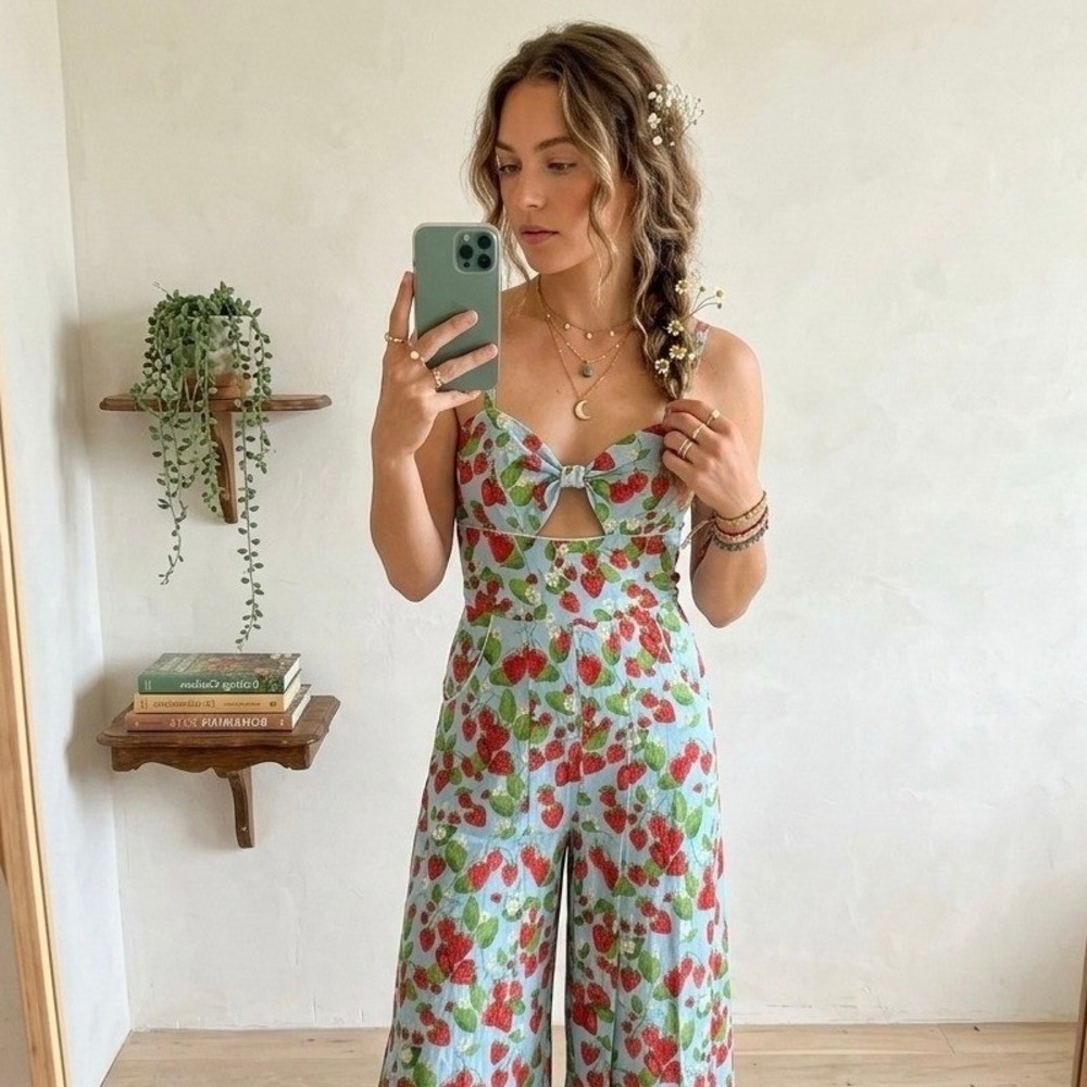Strawberry Print Wide Leg Jumpsuit XS/S Blue Cutout Sweetheart Lace Cottage Boho